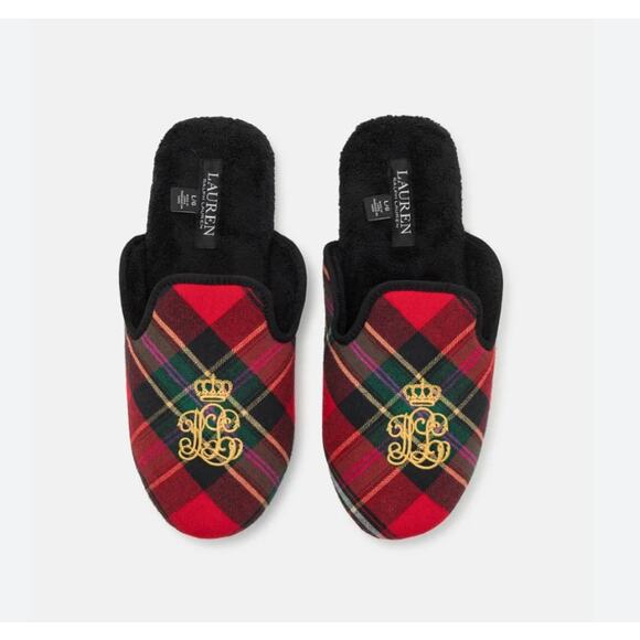 Ralph Lauren Women’s Red Plaid Slide Slippers Embroidered Classic Style NWT - Picture 1 of 4